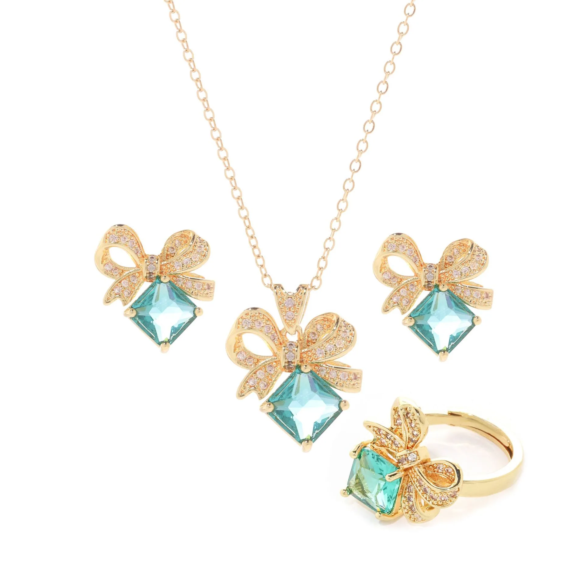 Vintage luxury lake green zircon micro-set bow jewelry set for women necklace stud earrings ring set of three 4