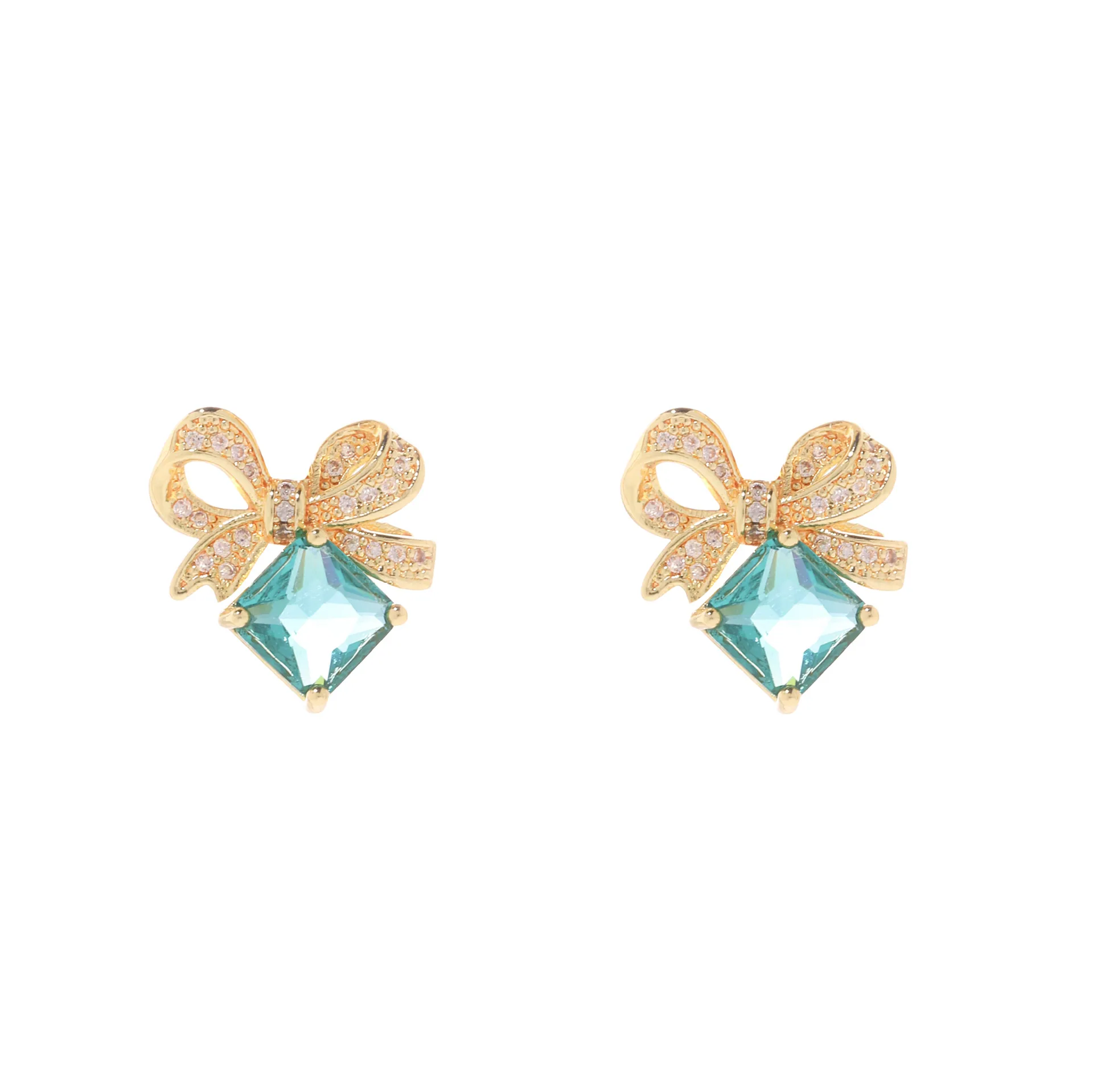 Vintage luxury lake green zircon micro-set bow jewelry set for women necklace stud earrings ring set of three 2