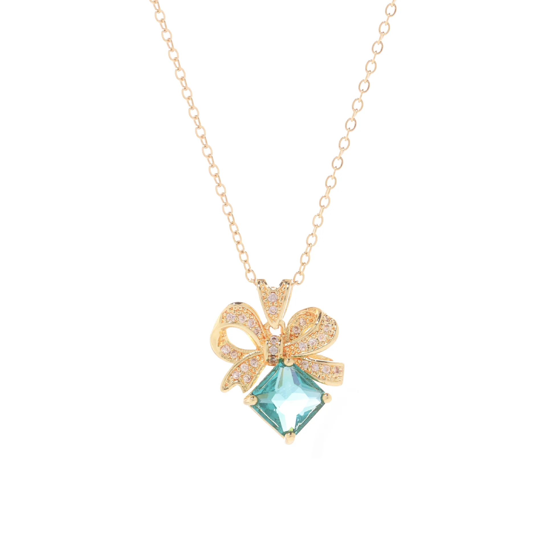 Vintage luxury lake green zircon micro-set bow jewelry set for women necklace stud earrings ring set of three