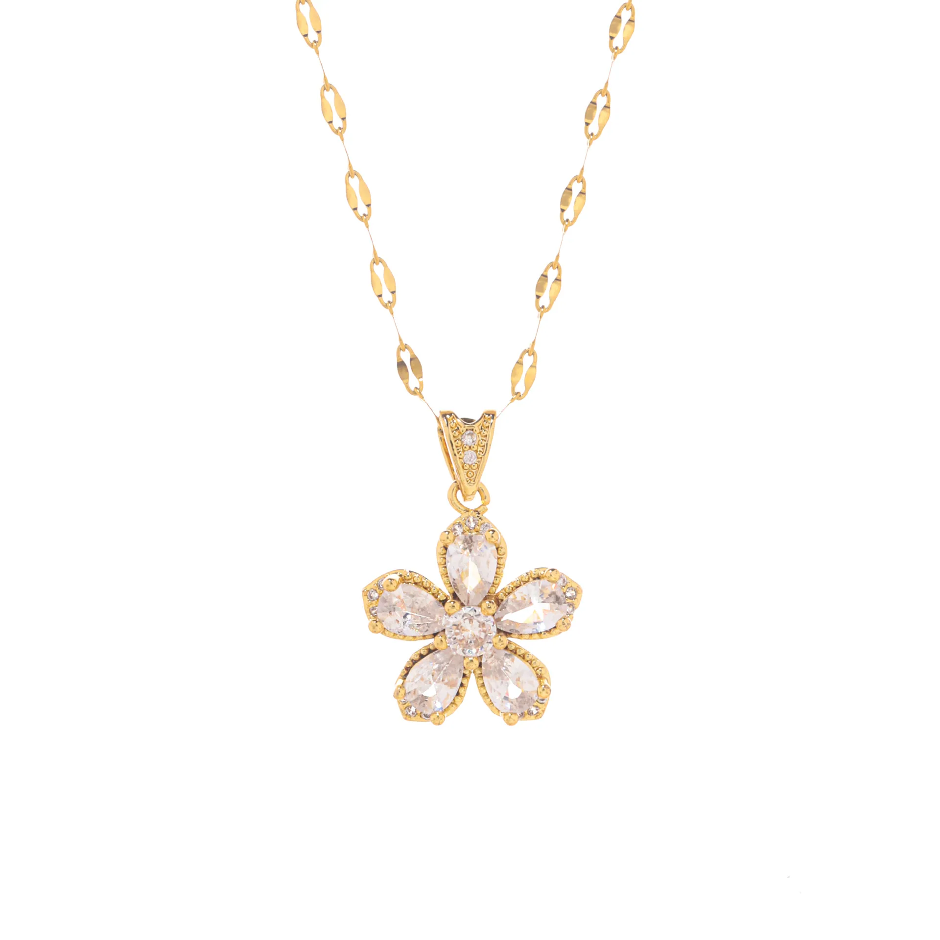 Cross-border zircon five-petal flower necklace stud earrings two-piece set of titanium steel lip chain copper micro-inlaid ni