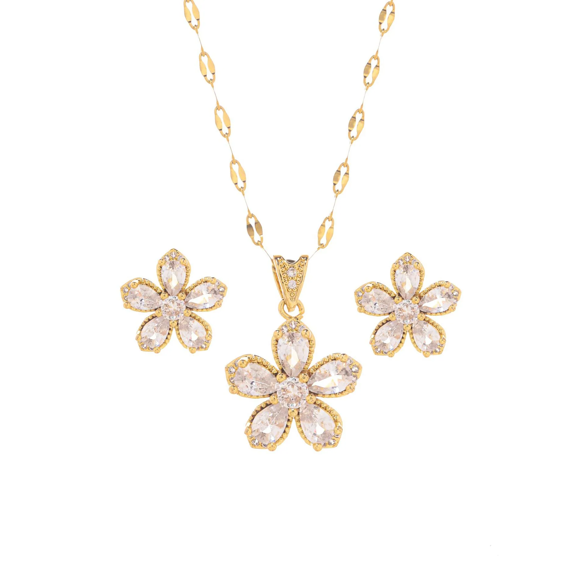Cross-border zircon five-petal flower necklace stud earrings two-piece set of titanium steel lip chain copper micro-inlaid niche 3