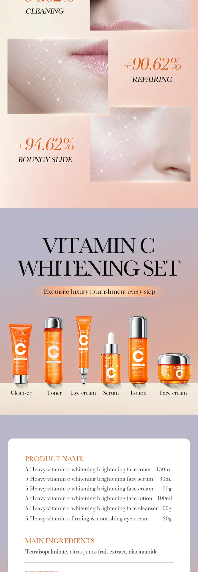 Close-up details of the SADOER Five-Dimensional C Whitening and Brightening Mask Gift Box, showcasing the essence texture and