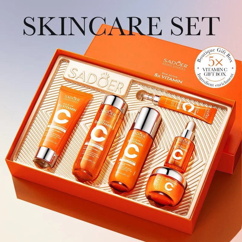 SADOER Five-Dimensional C Skincare Gift Box usage scenario display, real-life shot of daily whitening and brightening facial 