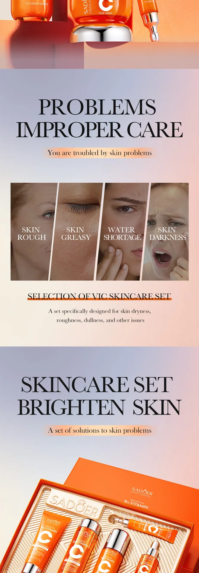 SADOER Five-Dimensional C Skincare Set Mask Ingredient and Efficacy Description, Display of Core Selling Points for Whitening