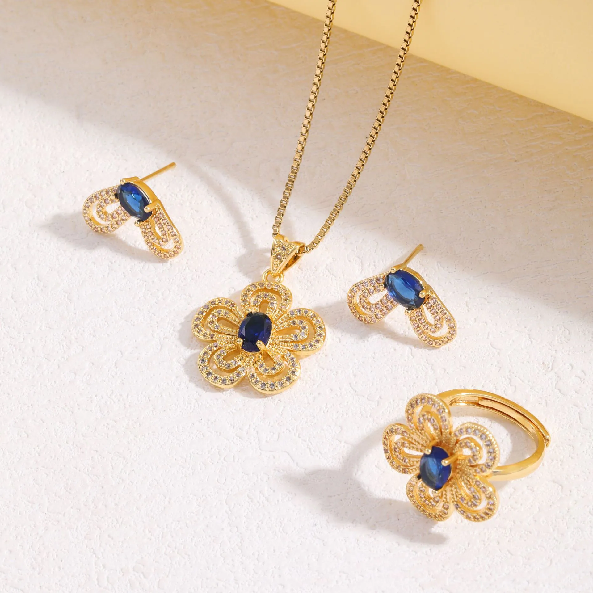 Light luxury retro necklace zircon flower ornaments titanium steel womens fashion suit ring stud earrings do not fade accessorie 4