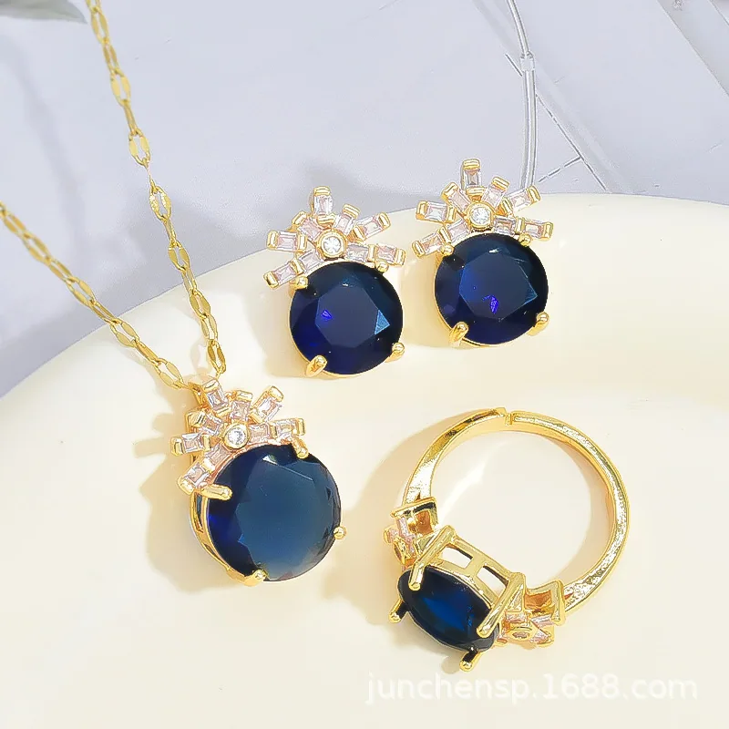 Vintage round gemstone jewelry womens jewelry set niche light luxury necklace ring send mom spot wholesale 4