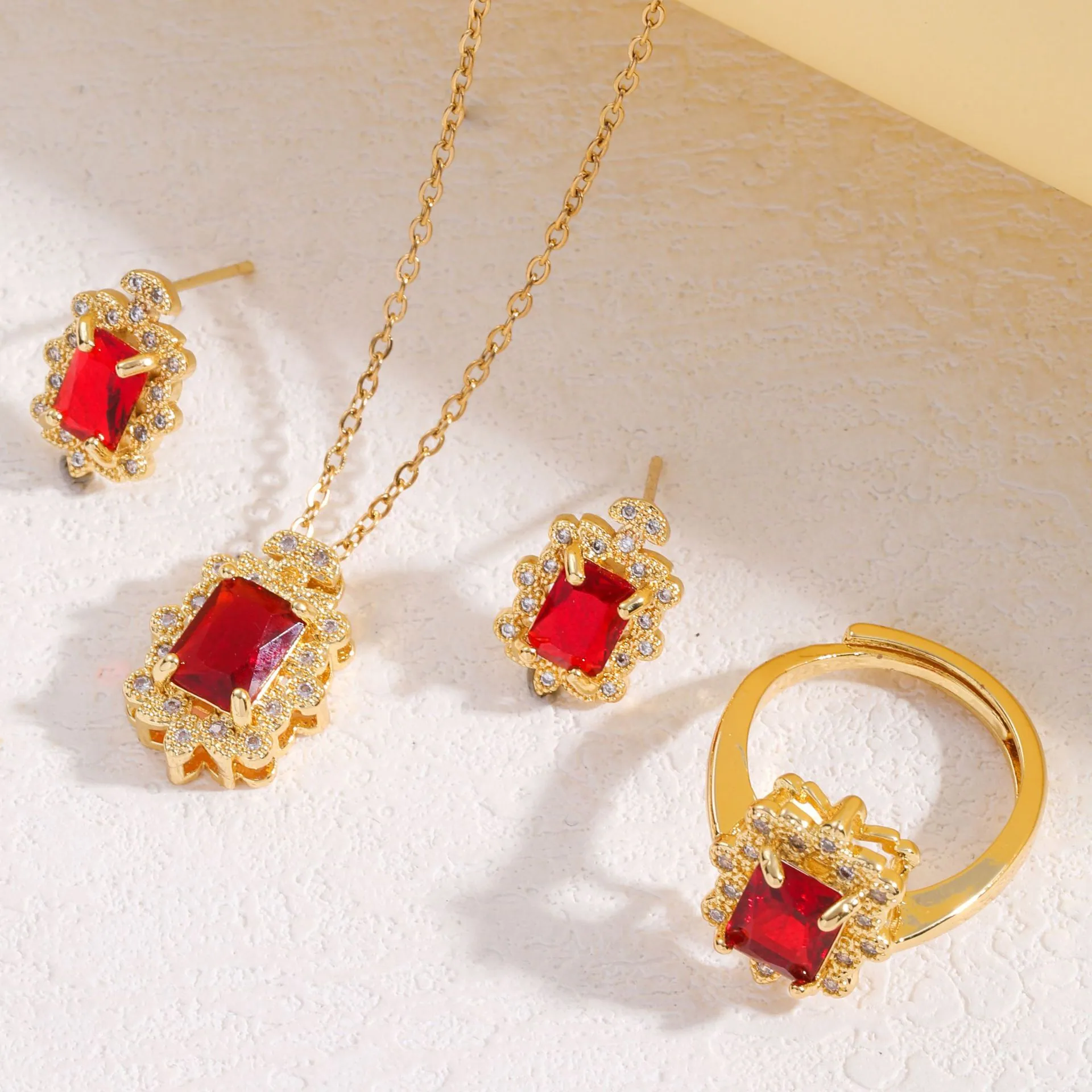 Light luxury ruby jewelry set temperament full diamond zircon necklace heavy industry ring earrings stud copper micro inlay jewe 4