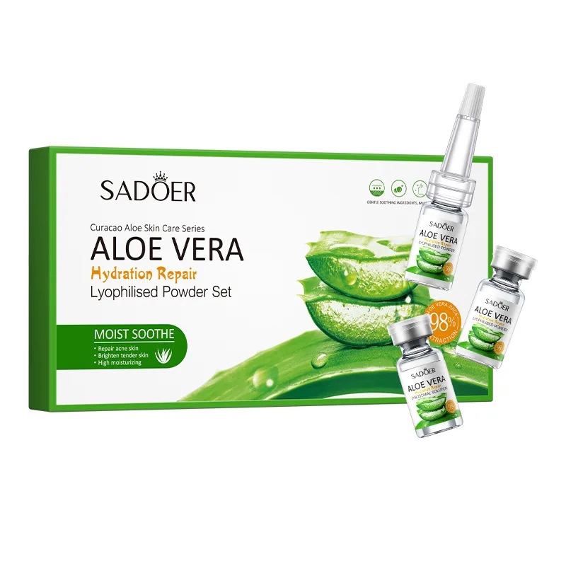 Close-up of the packaging details of the SADOER aloe repair freeze-dried powder set, showcasing the printing and texture of t