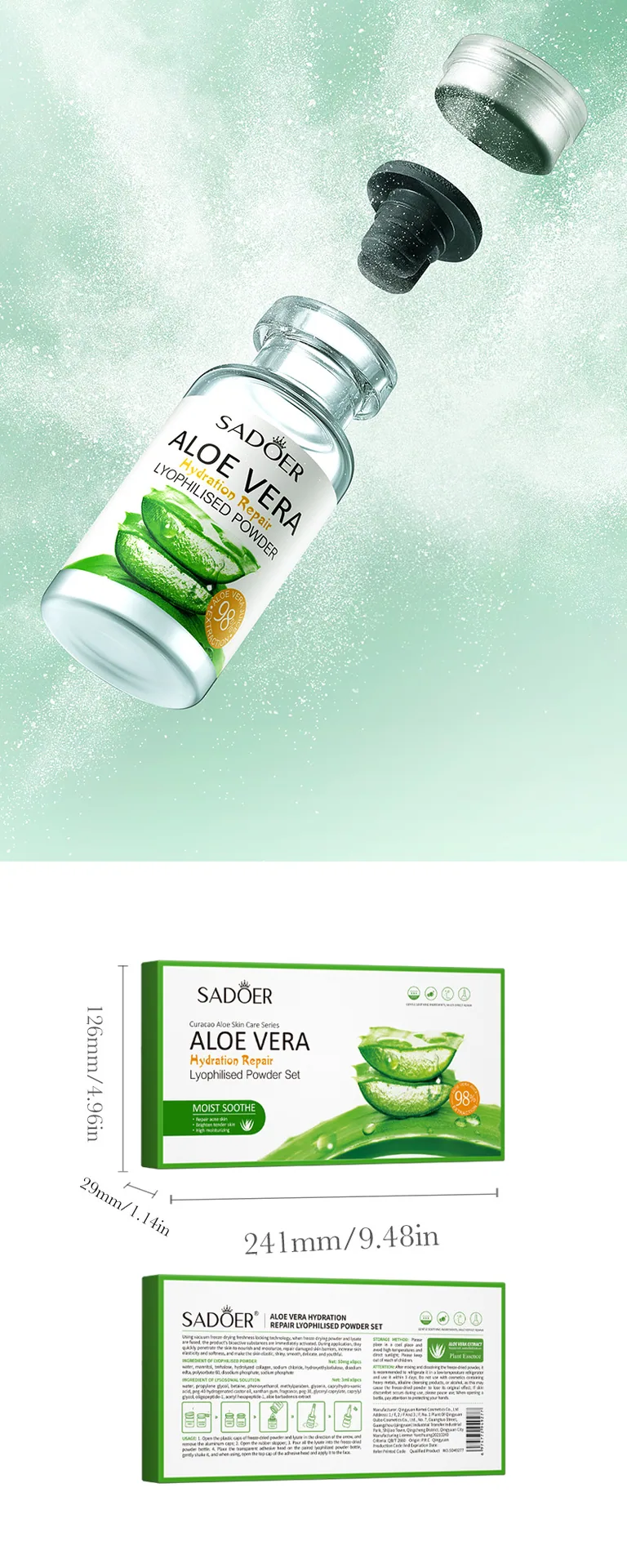SADOER Aloe Repair and Revitalizing Freeze-Dried Powder Mask Full Set Display, hot-selling cross-border for sensitive skin.