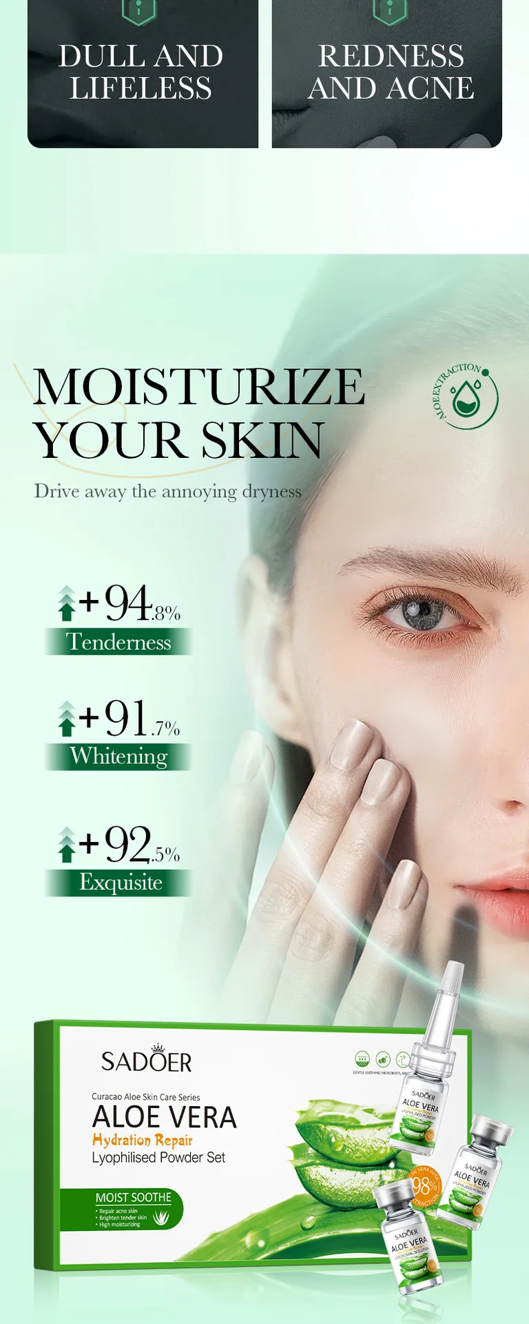 SADOER Aloe Repair Freeze-Dried Powder Set Sensitive Skin Mask Texture Display, Revitalizing and Repairing Dual Efficacy