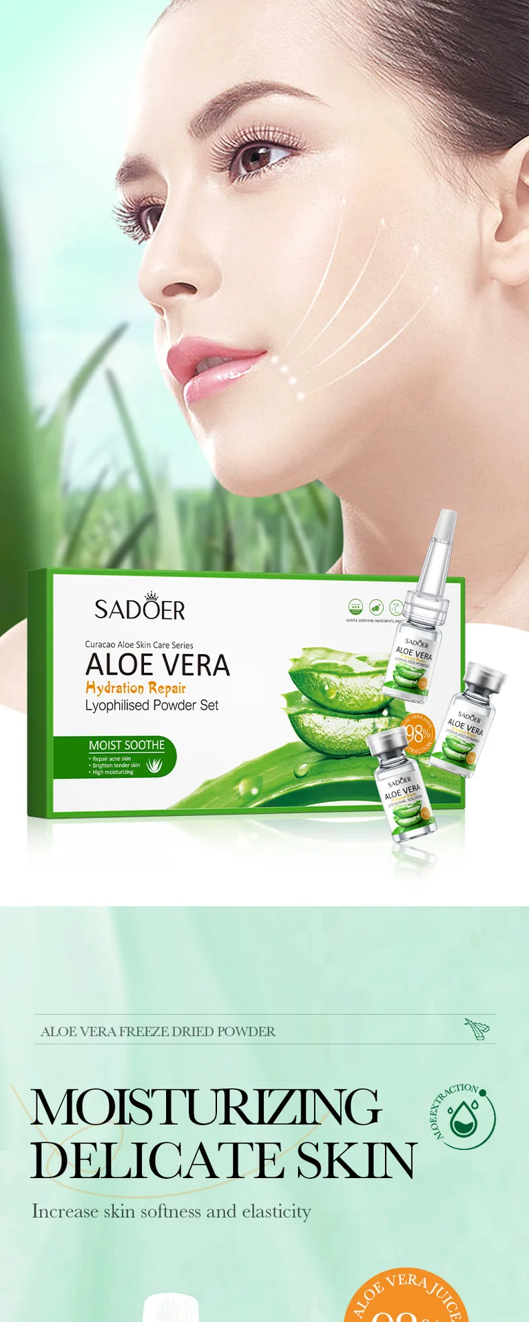 Close-up detail of the SADOER aloe repair freeze-dried powder bottle, with the sealed bottle mouth and freeze-dried process s