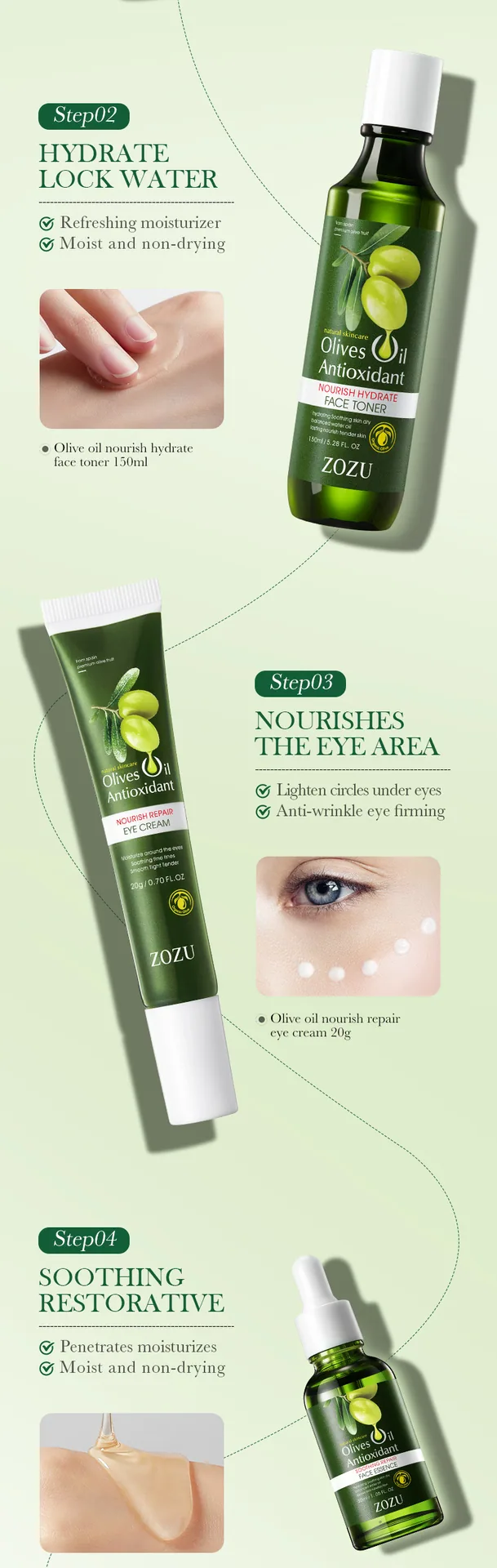 ZOZU Olive Anti Wrinkle Soothing 6-piece Set showcases daily skincare steps for men