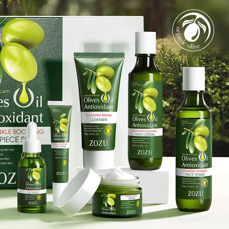 ZOZU Olive Skincare 6-piece Outer Packaging Box Detail Close up Display Brand Logo and Product Information