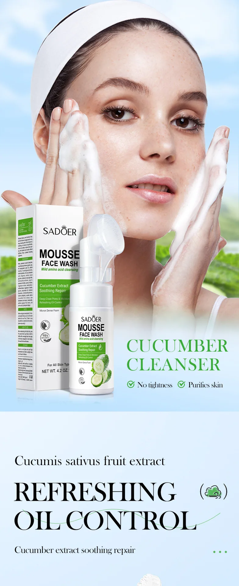 SADOER Cucumber Amino Acid Cleansing Mousse is displayed on the back of the packaging, with complete product information and 