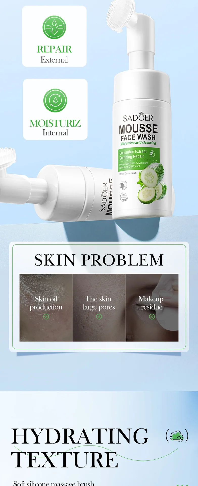 SADOER cucumber amino acid facial cleansing mousse ingredient close-up, with a mild and non irritating amino acid formula