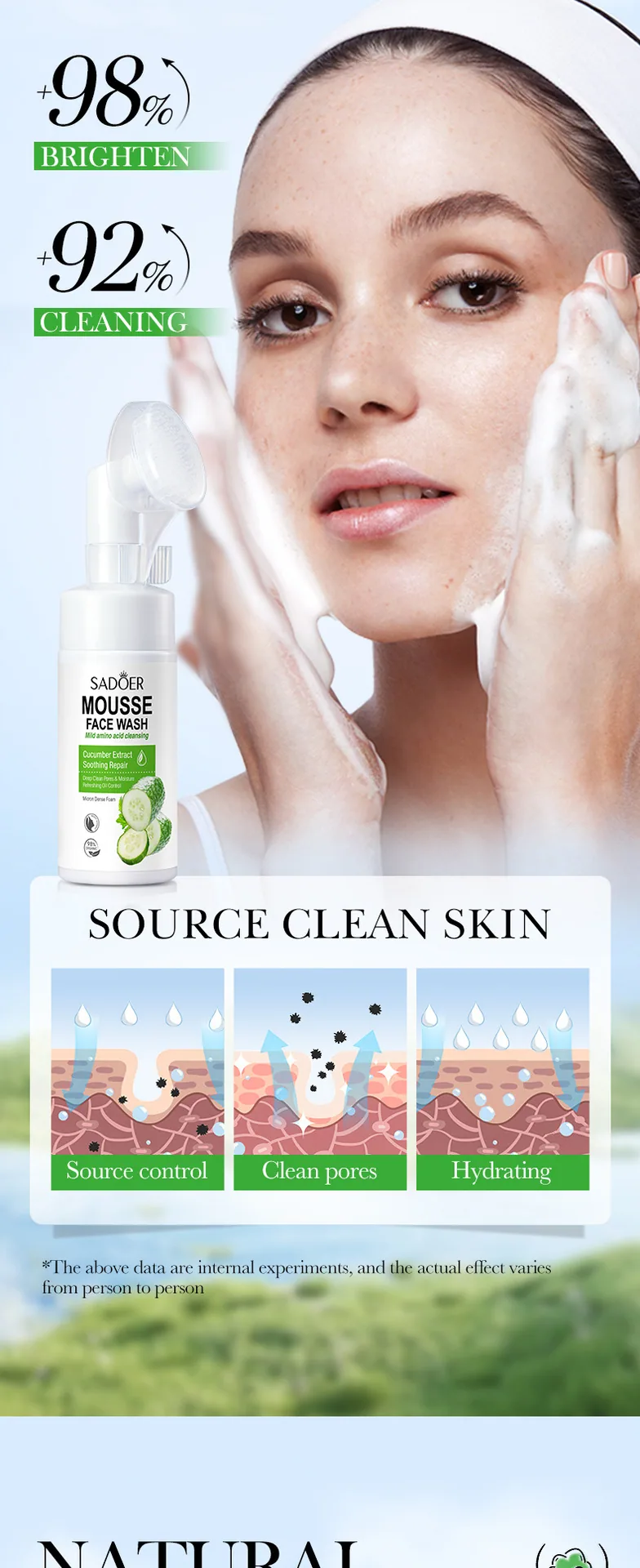 SADOER Cucumber Amino Acid Cleansing Mousse Size and Capacity Labeling Facial Cleansing Product Specifications