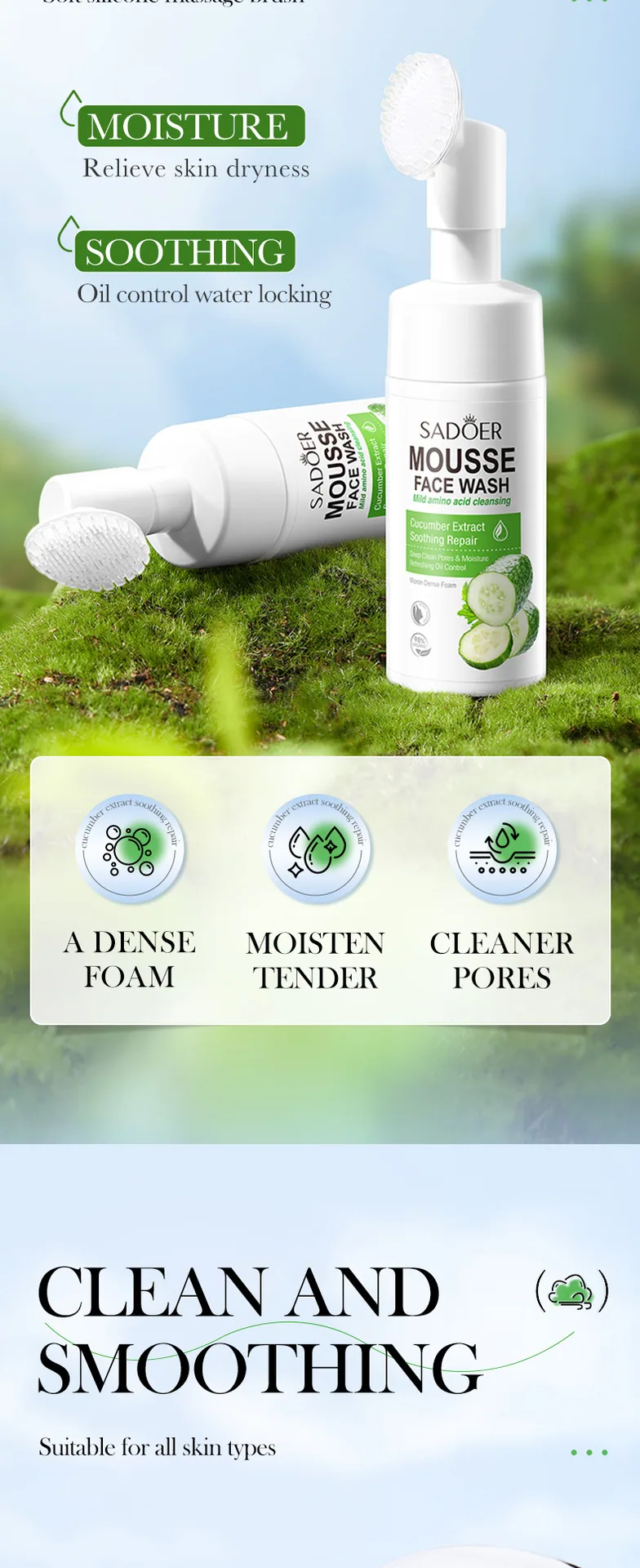 SADOER Cucumber Amino Acid Facial Cleansing Mousse Fine foam Facial Cleansing Detail Close up Display