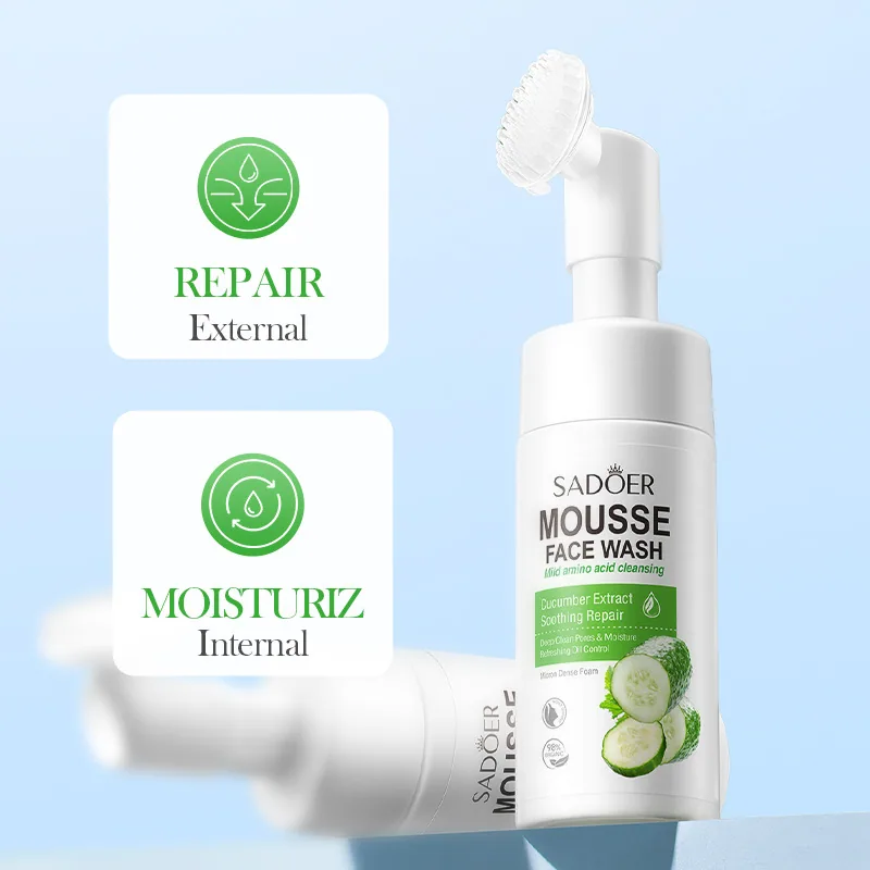 SADOER Cucumber Amino Acid Cleansing Mousse Pump Head Detail Close Up, Press Design for Easy Access, Wholesale Cleansing Prod