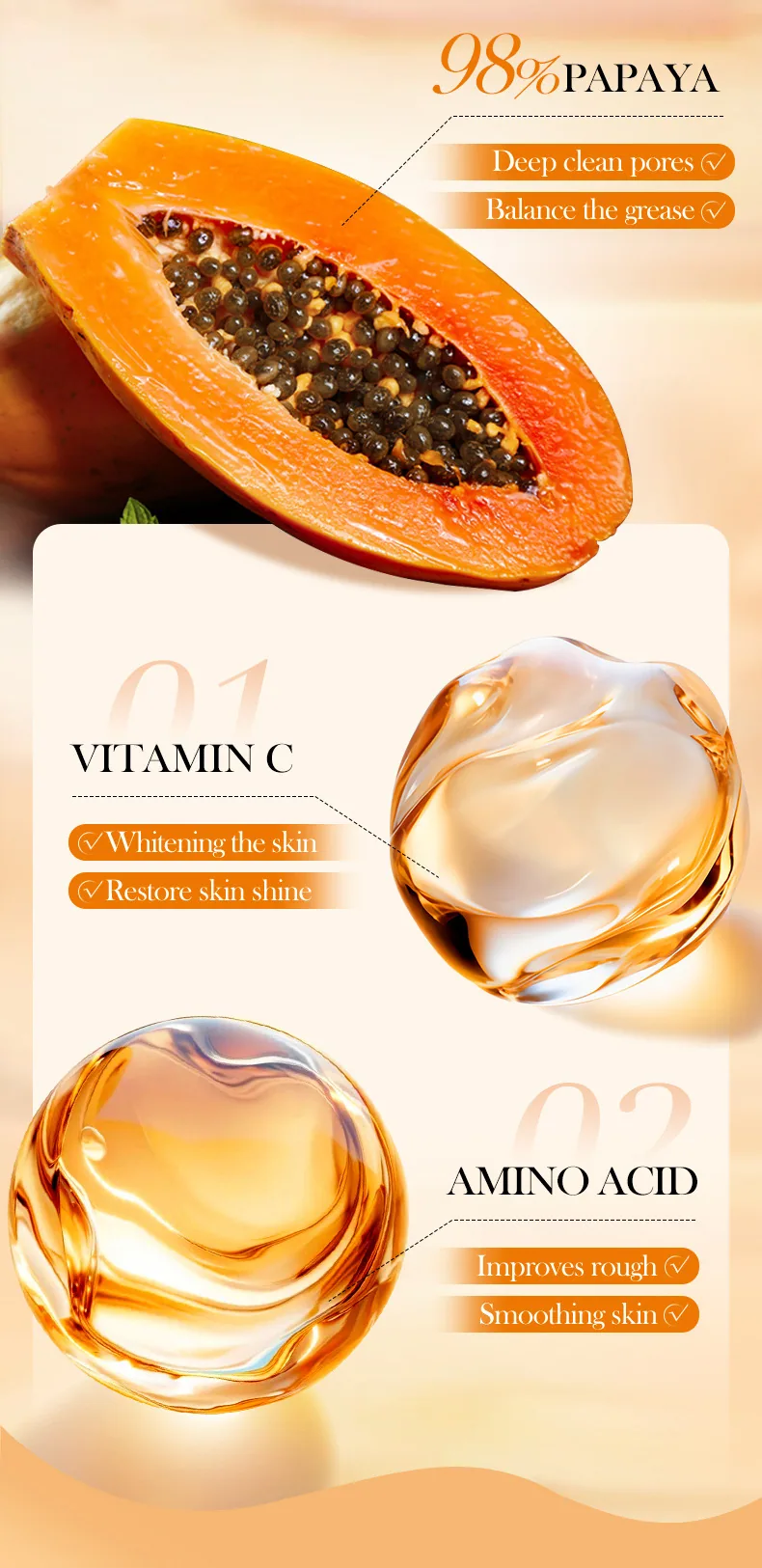 Illustrated steps for using BIOAOUA papaya vitamin C whitening cleanser, facial cleansing and skincare routine, cross-border 