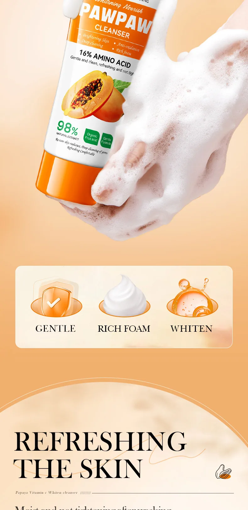 Close-up of BIOAOUA papaya vitamin C whitening facial cleanser, with a fine texture and cross-border foreign trade wholesale