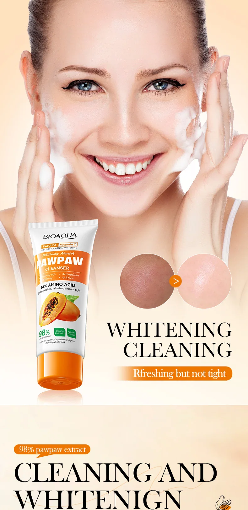 BIOAOUA Papaya Whitening Facial Cleanser packaging dimensions annotation diagram, clear capacity specifications, foreign trad