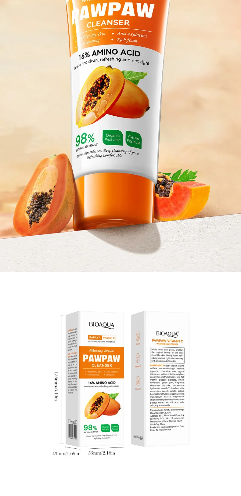Real-life trial effect of BIOAOUA papaya vitamin C cleanser: skin becomes bright, white, and hydrated. Wholesale authentic pr