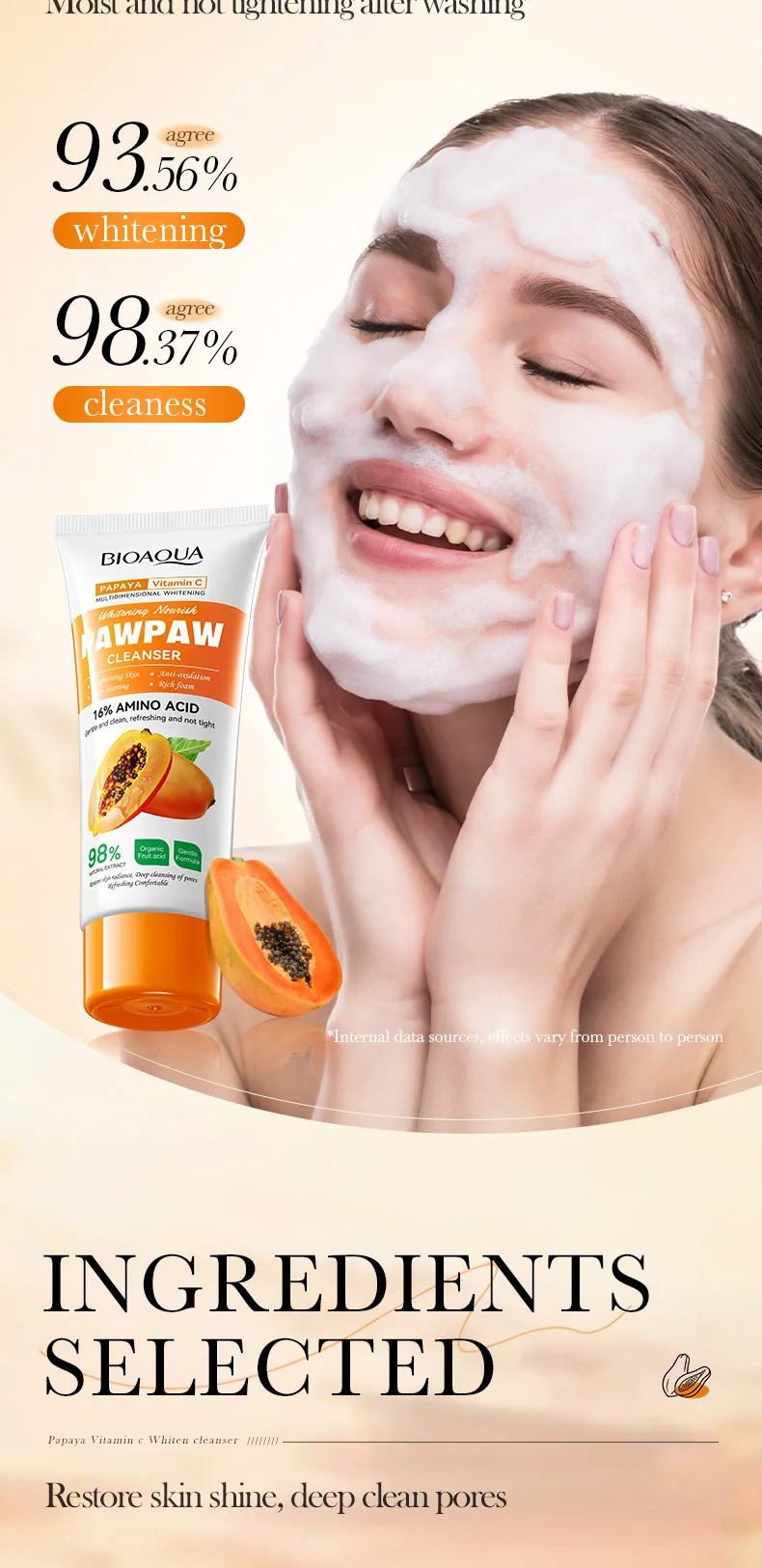 Ingredients and texture display of BIOAOUA papaya cleanser, featuring vitamin C whitening formula, available for wholesale in