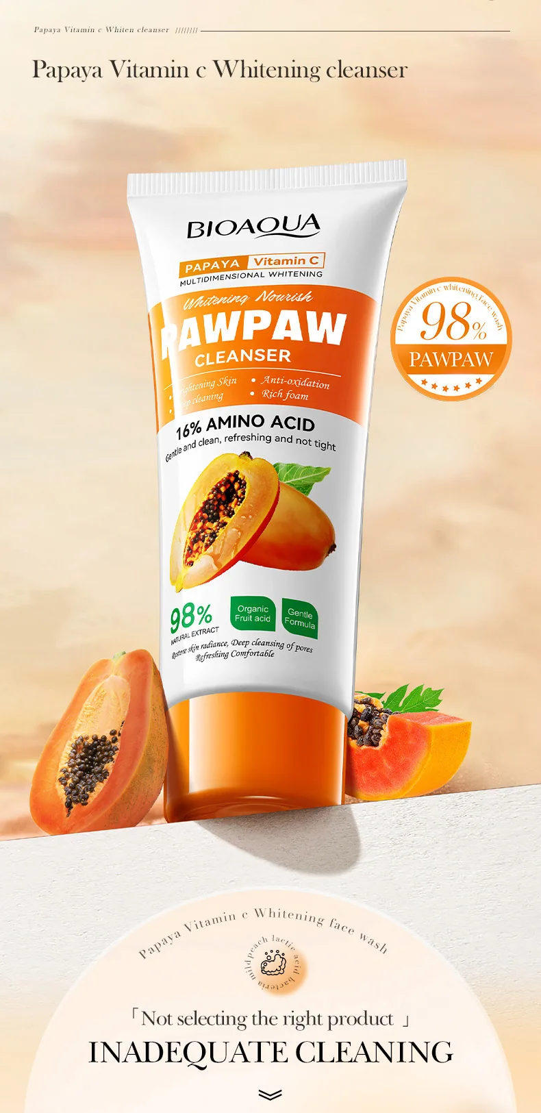 BIOAOUA papaya vitamin C facial cleanser, rich in foam, suitable for various usage scenarios, deeply cleanses pores, and is a