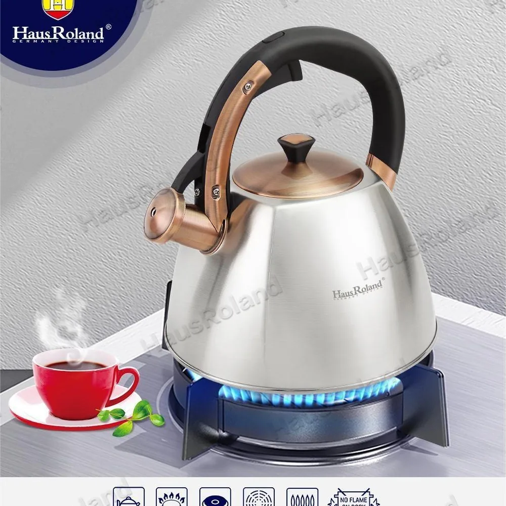 Chaleira a gás em aço inoxidável com fundo composto espessado e função de assobio. Capacidade 3L. Pode ser usado em fogões a gás 5