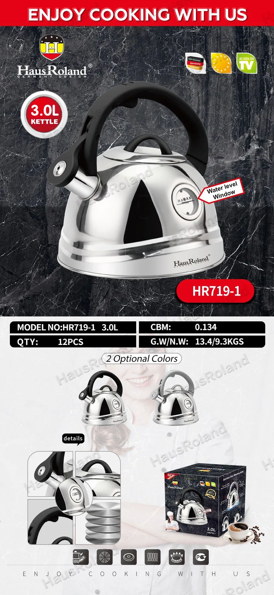 Hervidor con silbato de acero inoxidable para gas e inducción de uso doméstico con fondo compuesto y termómetro de agua. En stock. Silbato 5