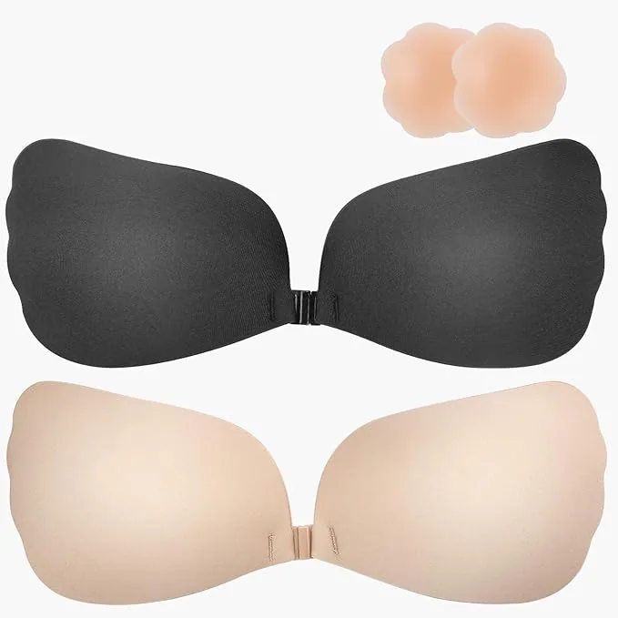 2Pack Adhesive Bra,Sticky Bra Strapless Backless Push-up Bras with Invisible, Includes Nipple Covers…