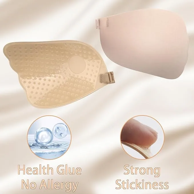 Adhesive bra detail close-up, self-adhesive silicone material, one-piece 3D tailoring, thin top and thick bottom design, gath
