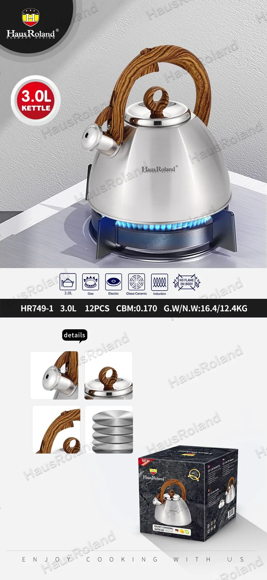 Stainless steel gas kettle Thickened bottom whistle kettle 3L gas induction cooker can be used to boil the kettle 9