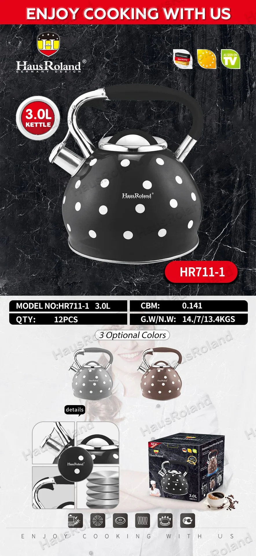 HausRoland stainless steel zinc alloy whistle kettle gas induction cooker general paint polka dot spot 7