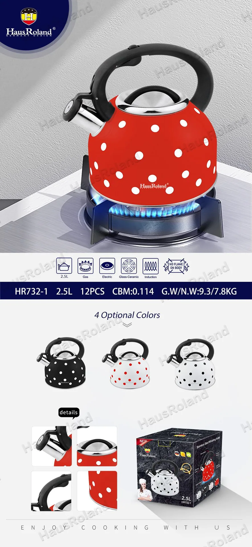 HausRoland Gas Isi Rumah Keluli Tahan Karat Wisel Cerek Warna Titik Polka Wisel Cerek Wisel 9