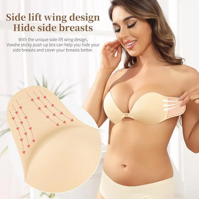 Close-up details of an adhesive bra, soft silicone material that naturally conforms to the curves of the breasts, micro-bound