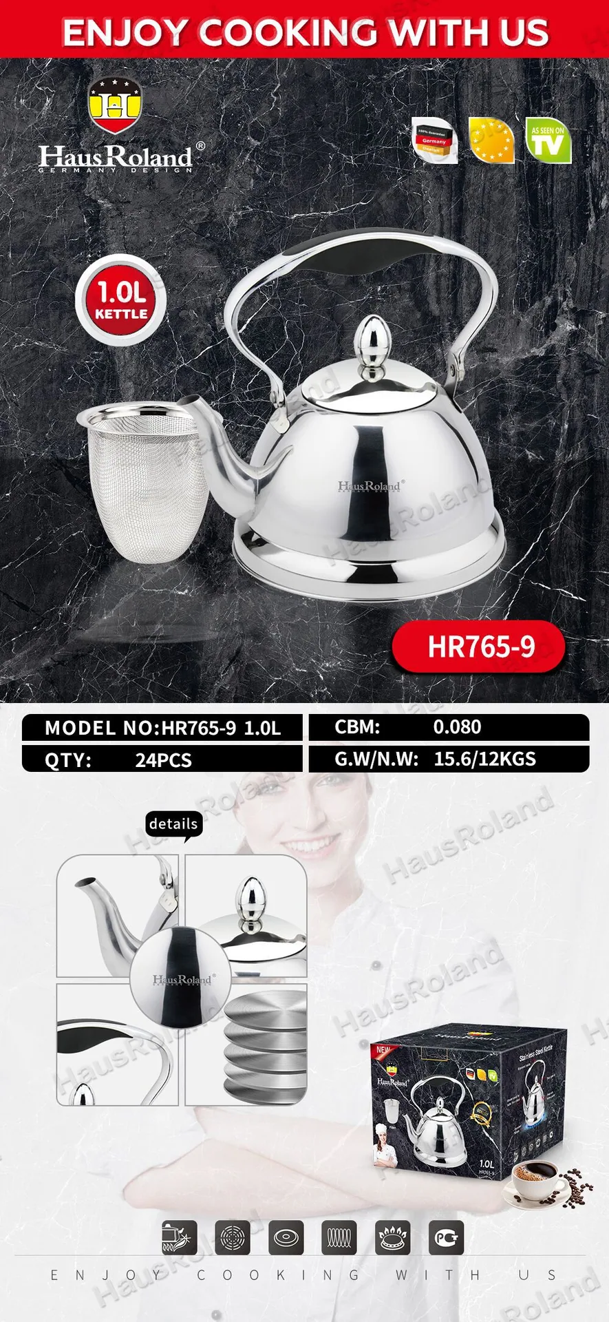 HausRoland stainless steel mirror light long pointed mouth coffee small teapot kettle thickened spot tea leak 1L 6