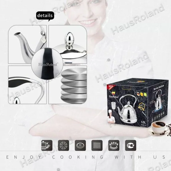 HausRoland stainless steel mirror light long pointed mouth coffee small teapot kettle thickened spot tea leak 1L 3