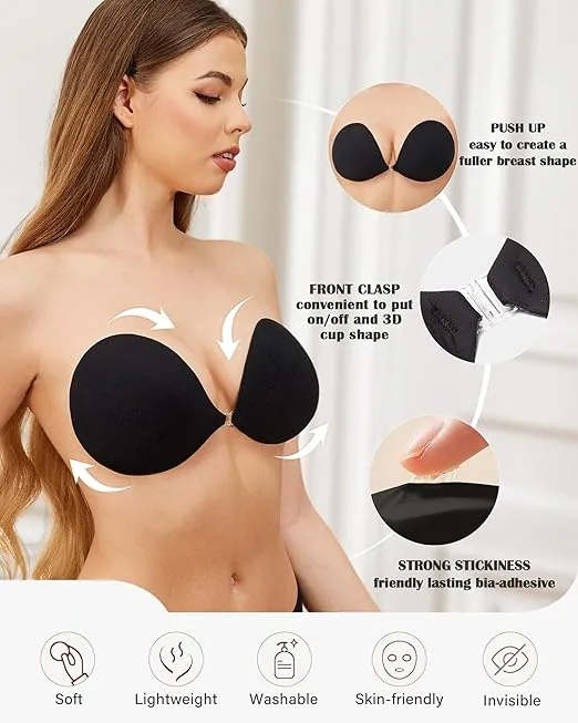 Adhesive Bra Sticky Strapless Bra 2 Pair Push Up for Women Invisible Reusable Backless Dress Bra with Nipple Covering