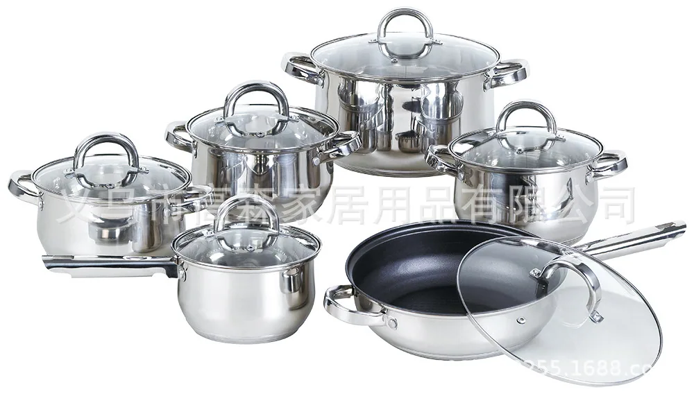 HausRoland Household Pot 12pc Stainless Steel Bottom Soup Pot Flat Bottom Non-stick Wok Stew Pot Milk Pot 3