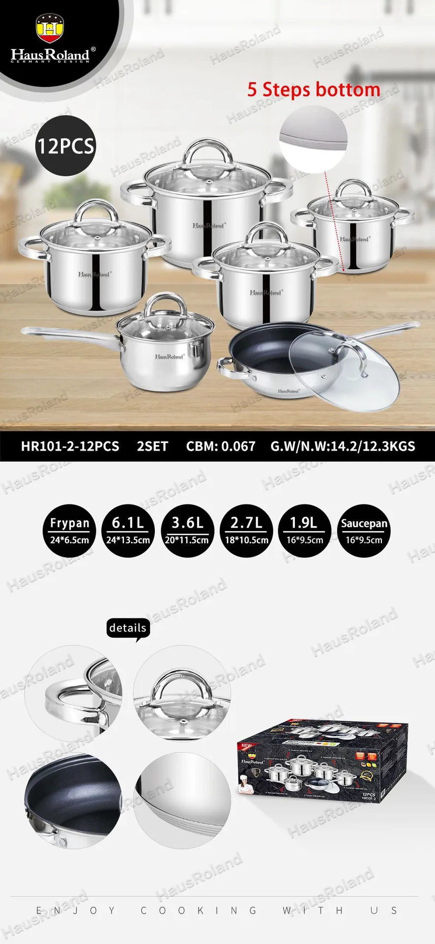 HausRoland Household Pot 12pc Stainless Steel Bottom Soup Pot Flat Bottom Non-stick Wok Stew Pot Milk Pot 7