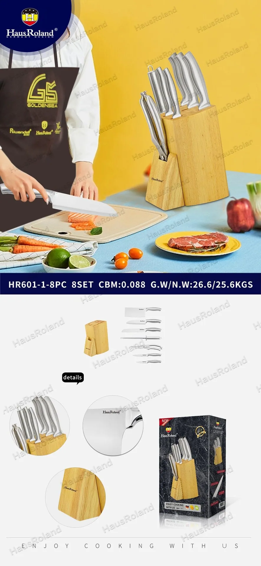 HausRloand Oak ผู้ถือมีดสแตนเลสกระดูกสับมีดครัวมีด Sharpening Stick มีดมัลติฟังก์ชั่น S 6