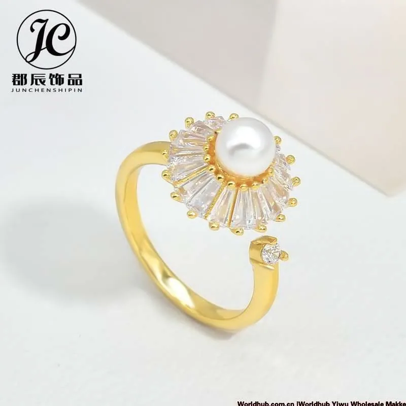 Summer hot-selling pearl ring rota sunflower jewelry opening adjus simple niche versatile copper accessories