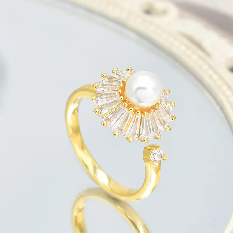 Summer hot-selling pearl ring rota sunflower jewelry opening adjus simple niche versatile copper accessories 6
