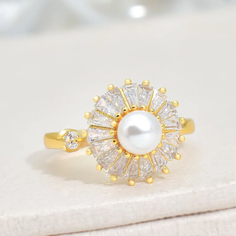 Summer hot-selling pearl ring rota sunflower jewelry opening adjus simple niche versatile copper accessories 2