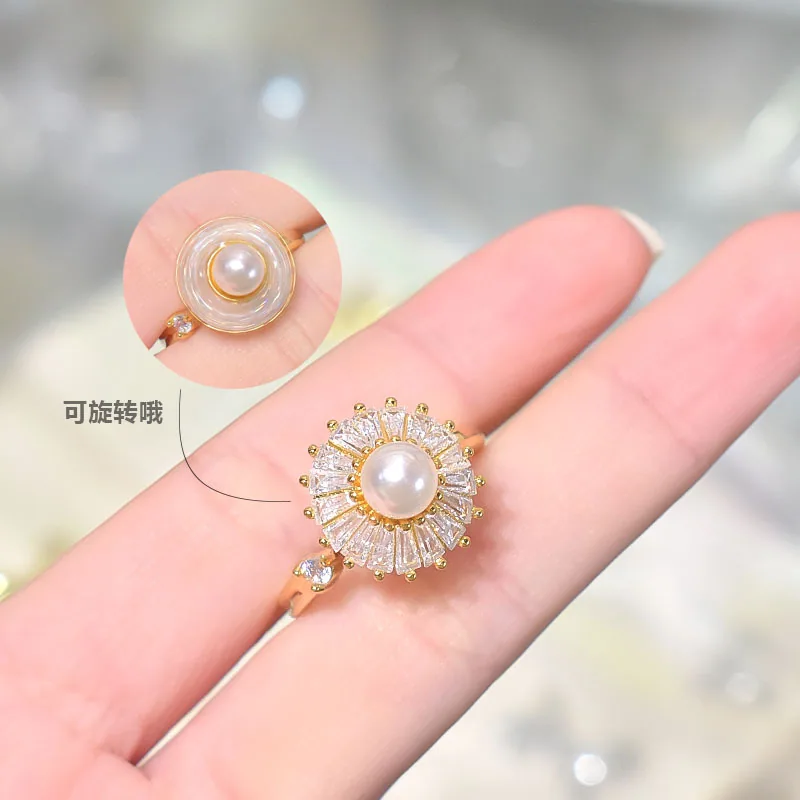 Summer hot-selling pearl ring rota sunflower jewelry opening adjus simple niche versatile copper accessories 5