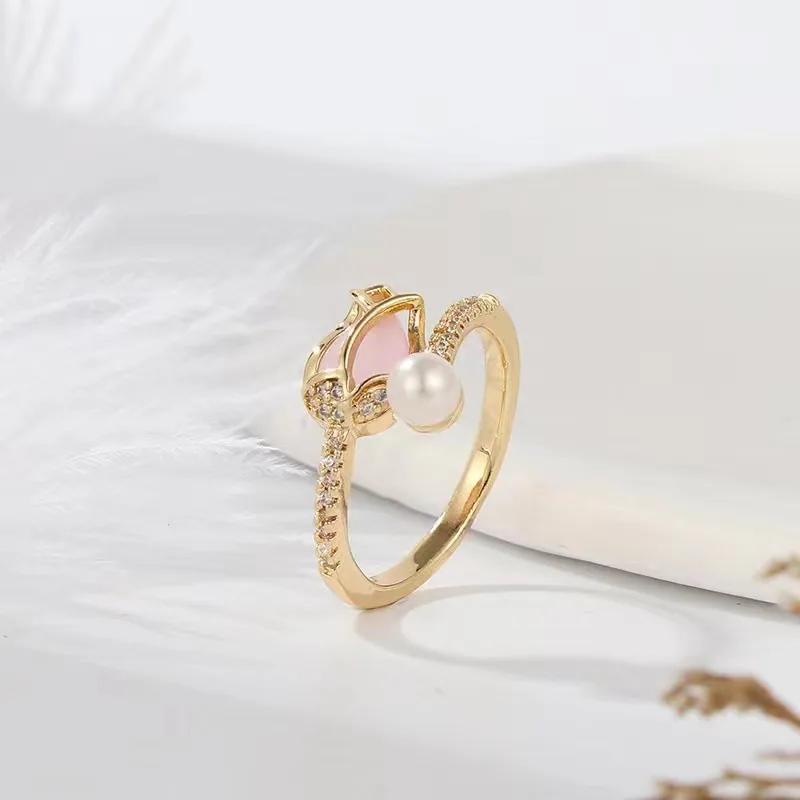 Korean version of tulip pearl ring womens opening adjus simple fashion bud design Internet celebrity index finger ring