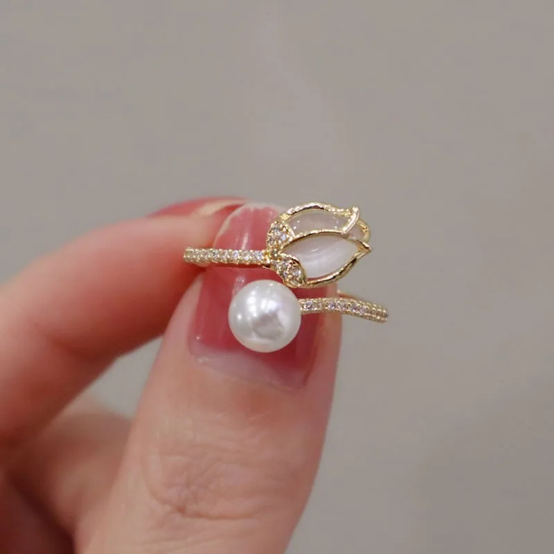 Cincin mutiara tulip versi Korea pelaras pembukaan wanita reka bentuk putik fesyen ringkas Selebriti Internet cincin jari telunjuk 2