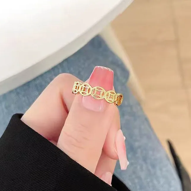 New Chinese copper coin ring womens retro versatile, rolling wealth inlaid zircon opening adjus ring jewelry