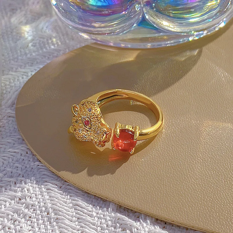 Cross-border hot-selling leopard head ring fashion trend atmosphere micro-inlaid zircon opening adjus ring summer explosion 5